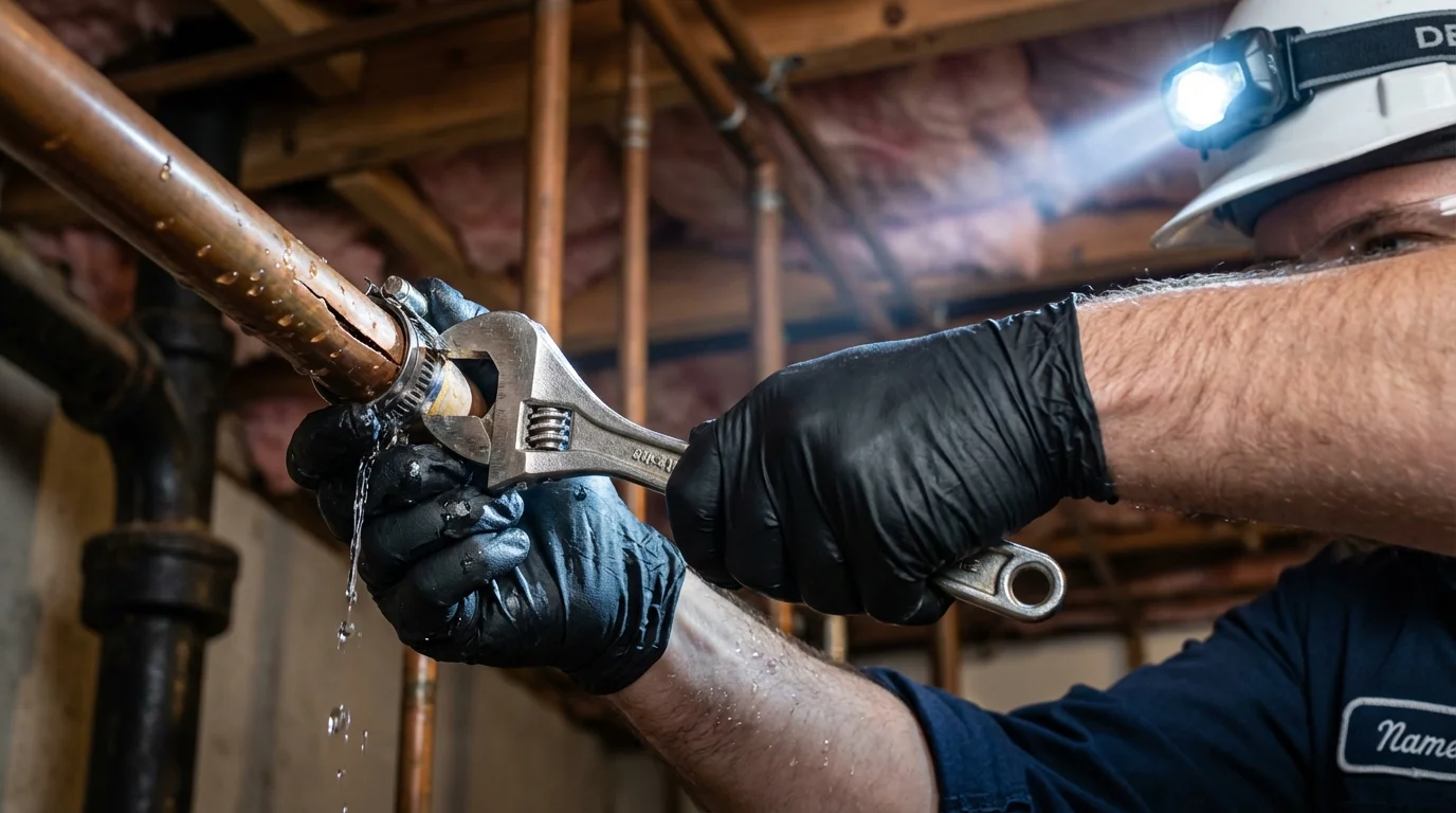 Emergency pipe clamp repair being performed by a Johns Plumbing LLC plumber in Shelby