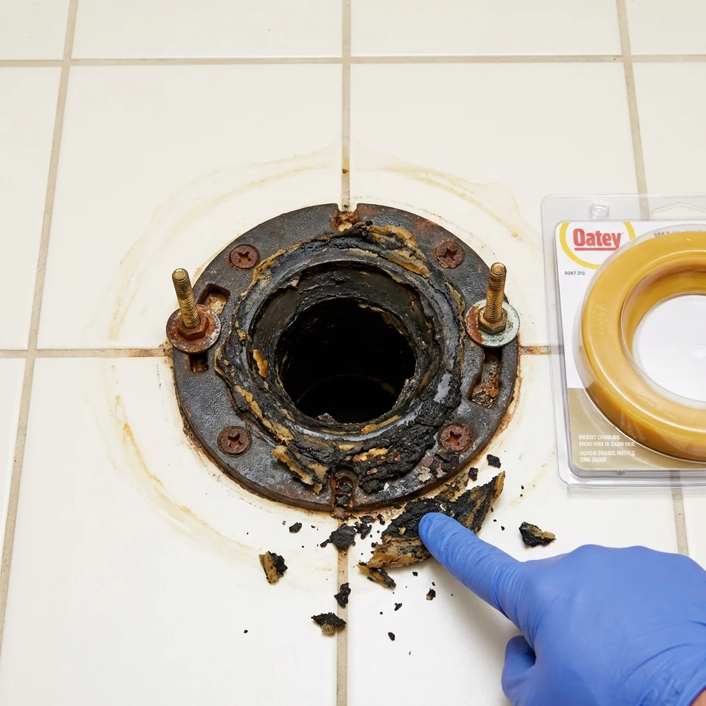 Failed wax ring showing water seepage at the base of a toilet in a Shelby, OH home