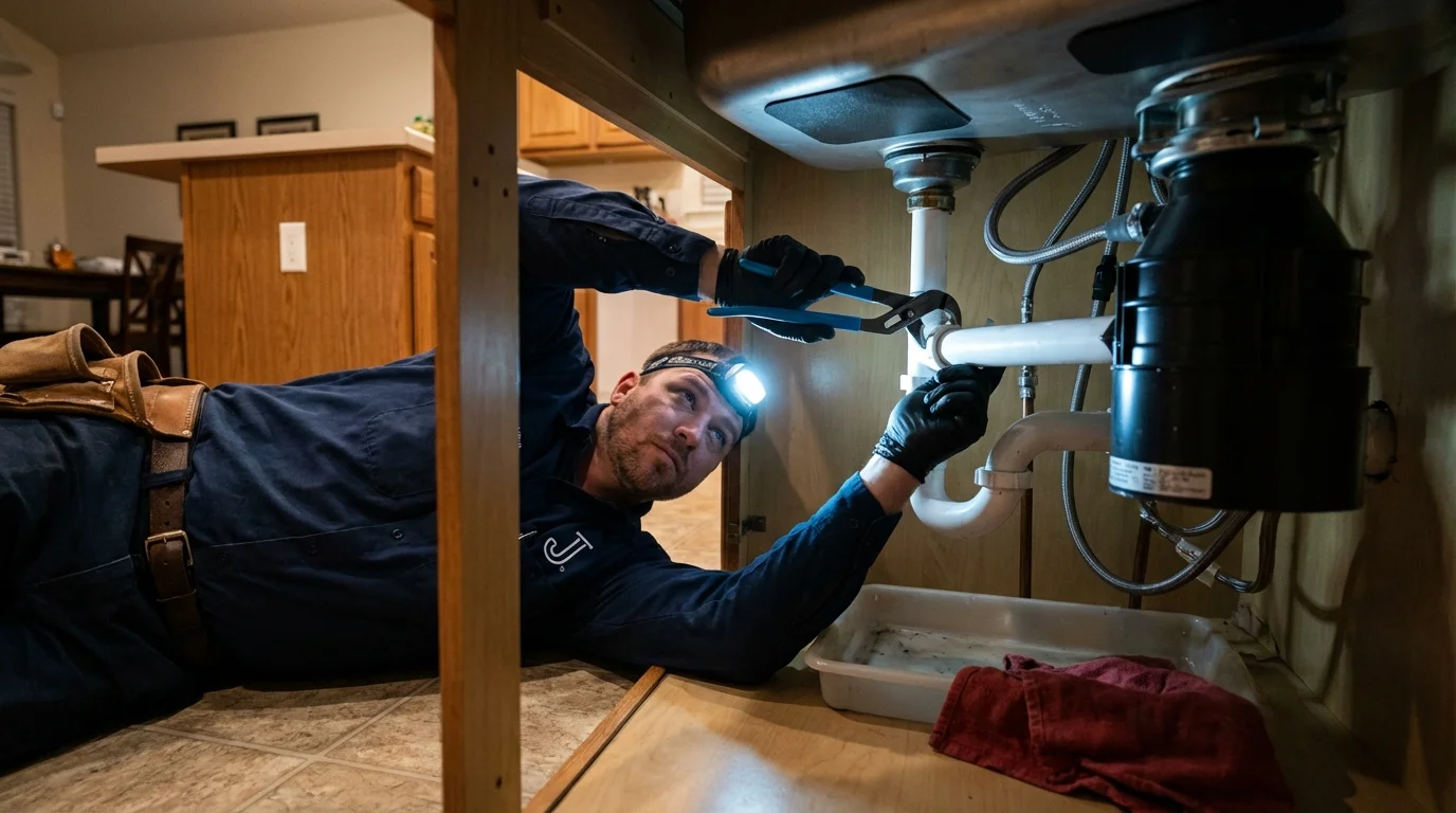 P-trap and supply line connections under a kitchen sink showing a common leak point in Shelby, OH